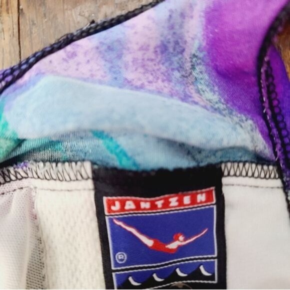 Vintage 80s 90s Jantzen Abstract Watercolor Purple Skirted One Piece Swimsuit - Picture 6 of 15